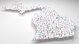 Map of Michigan - USA | 3d fall down of little bricks - White and Flag colors